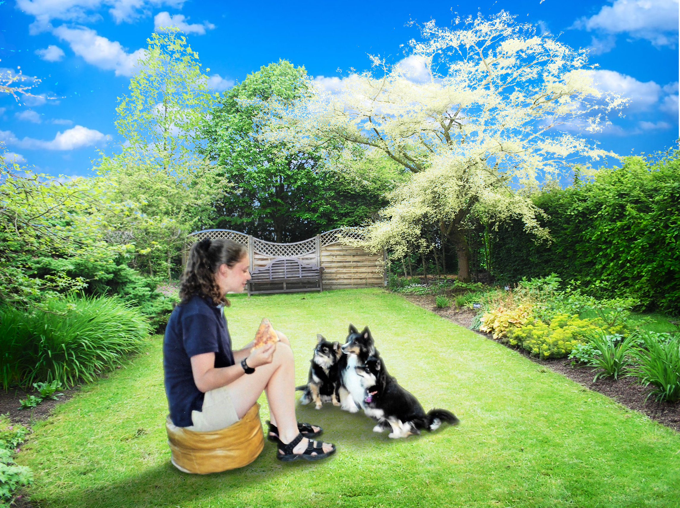 Girl in garden with her dogs - retouched